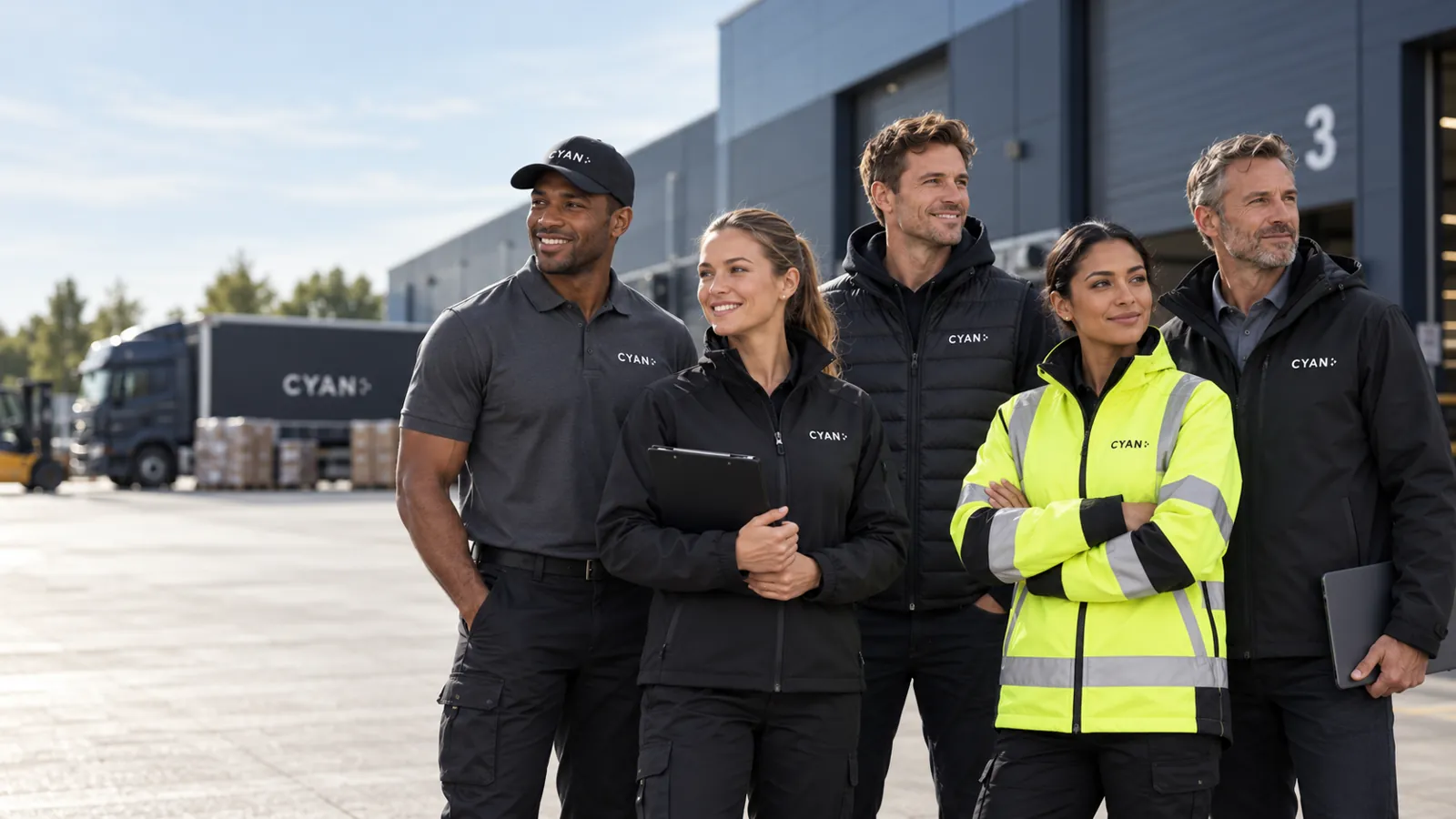 Five team members outside a distribution centre wearing Cyan-branded polos, softshells, a bodywarmer, hi-vis jacket and cap.