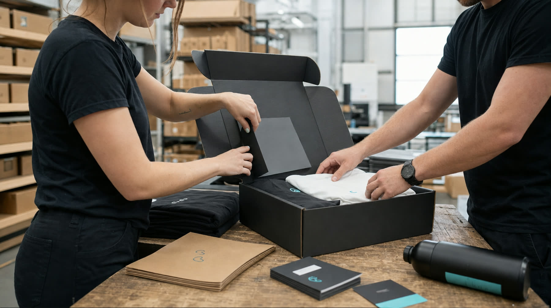 Branded merchandise being packed for a campaign at Cyan Group.