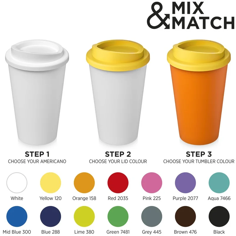 PF Americano mix-and-match guide showing available cup body and lid colour combinations