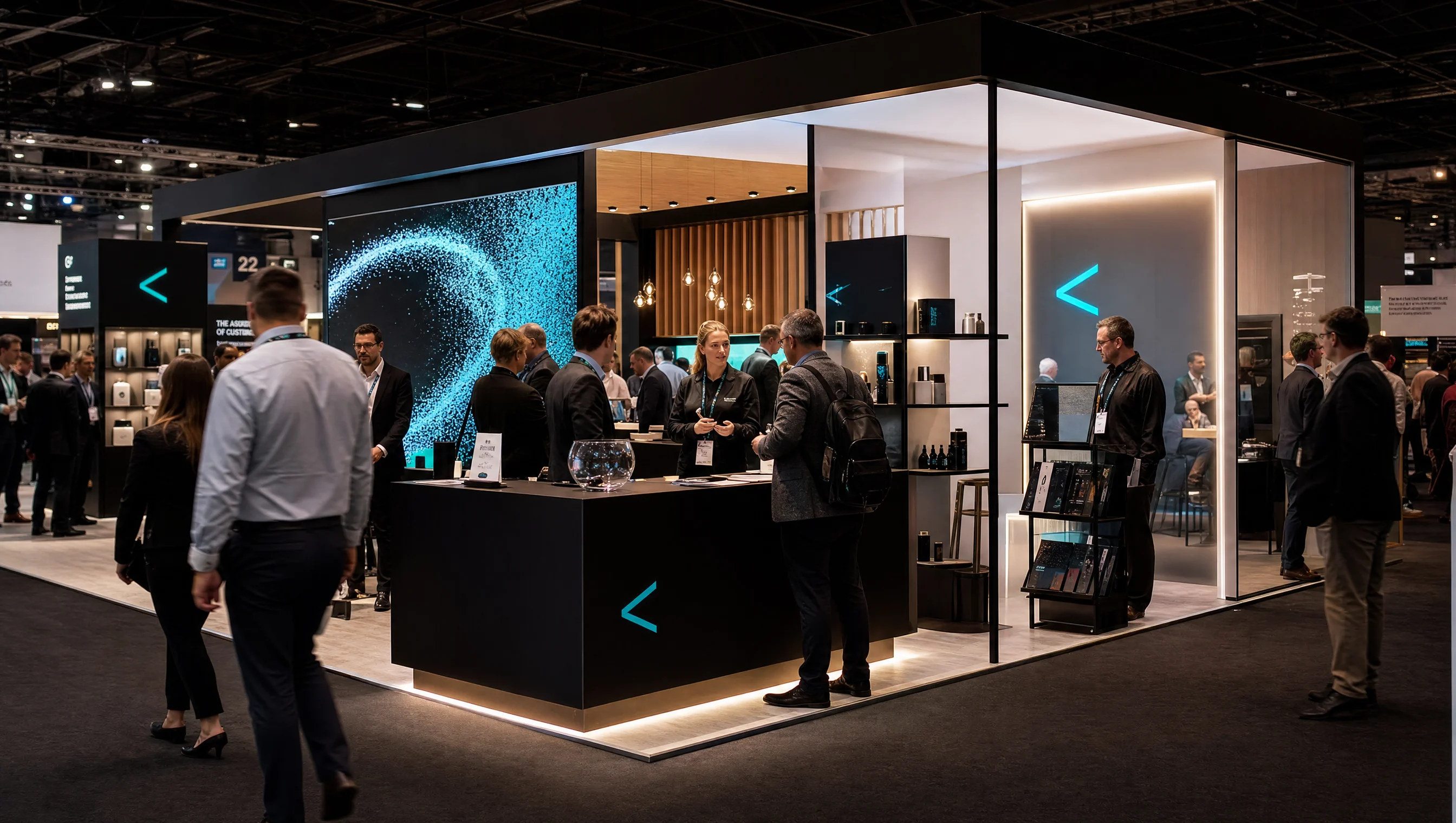A completed branded exhibition stand welcoming visitors at a live industry event.
