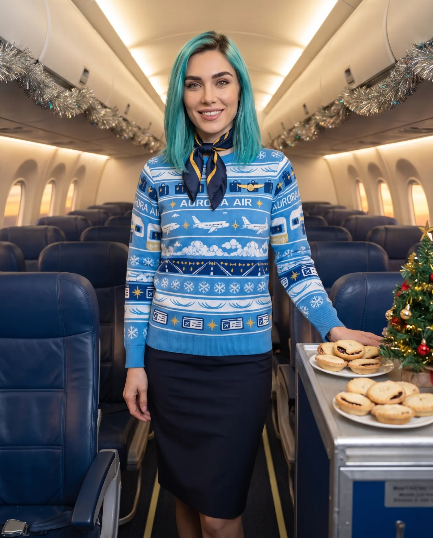 Cabin crew member wearing a full custom airline Christmas jumper.