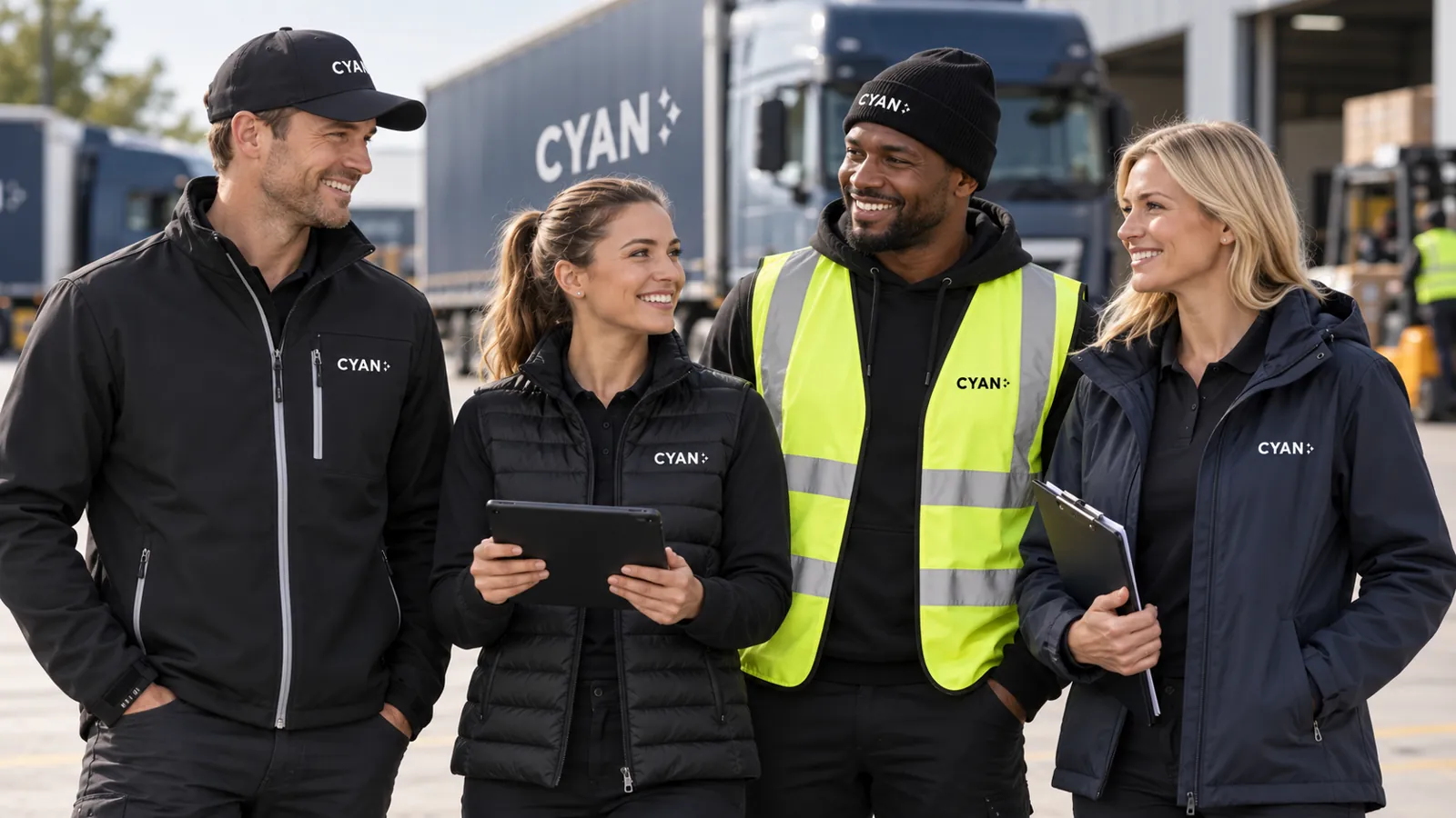 Logistics team in Cyan-branded softshell, bodywarmer, hi-vis vest, beanie and cap.