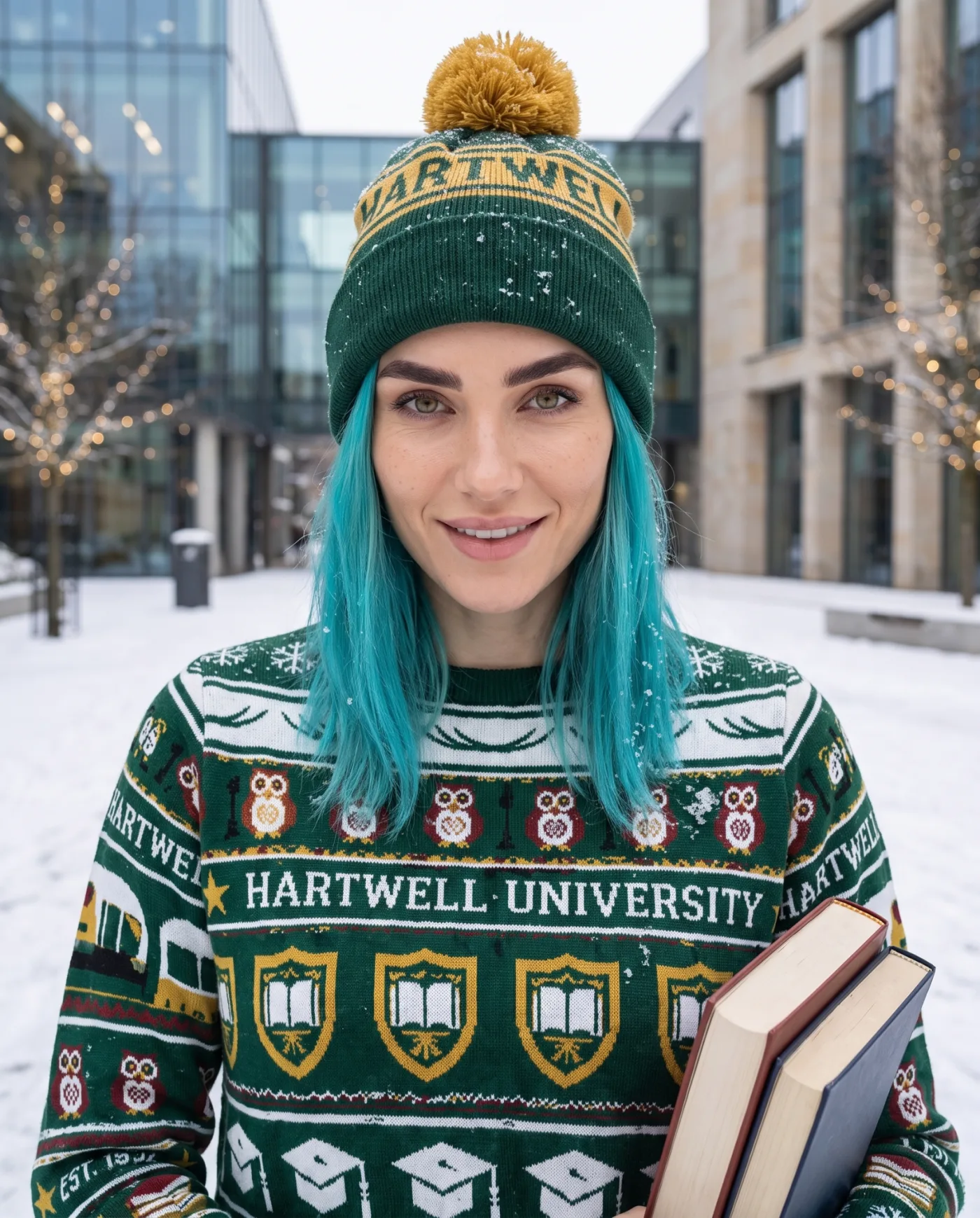 Student wearing a custom university Christmas jumper in campus colours.