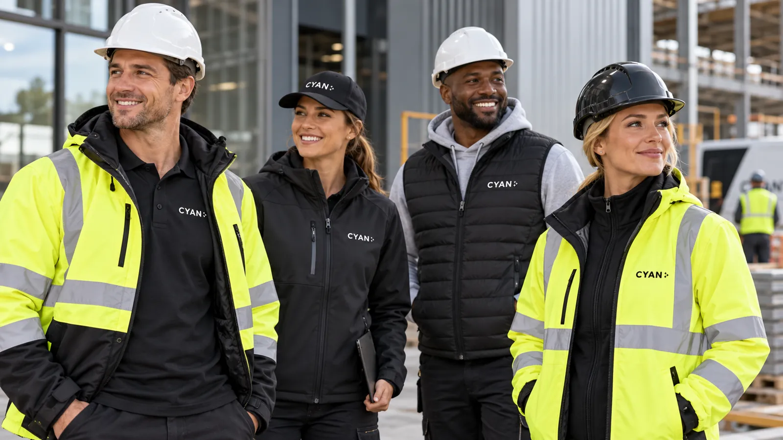 Construction team in branded hi-vis jackets, softshell, bodywarmer and hard hats.