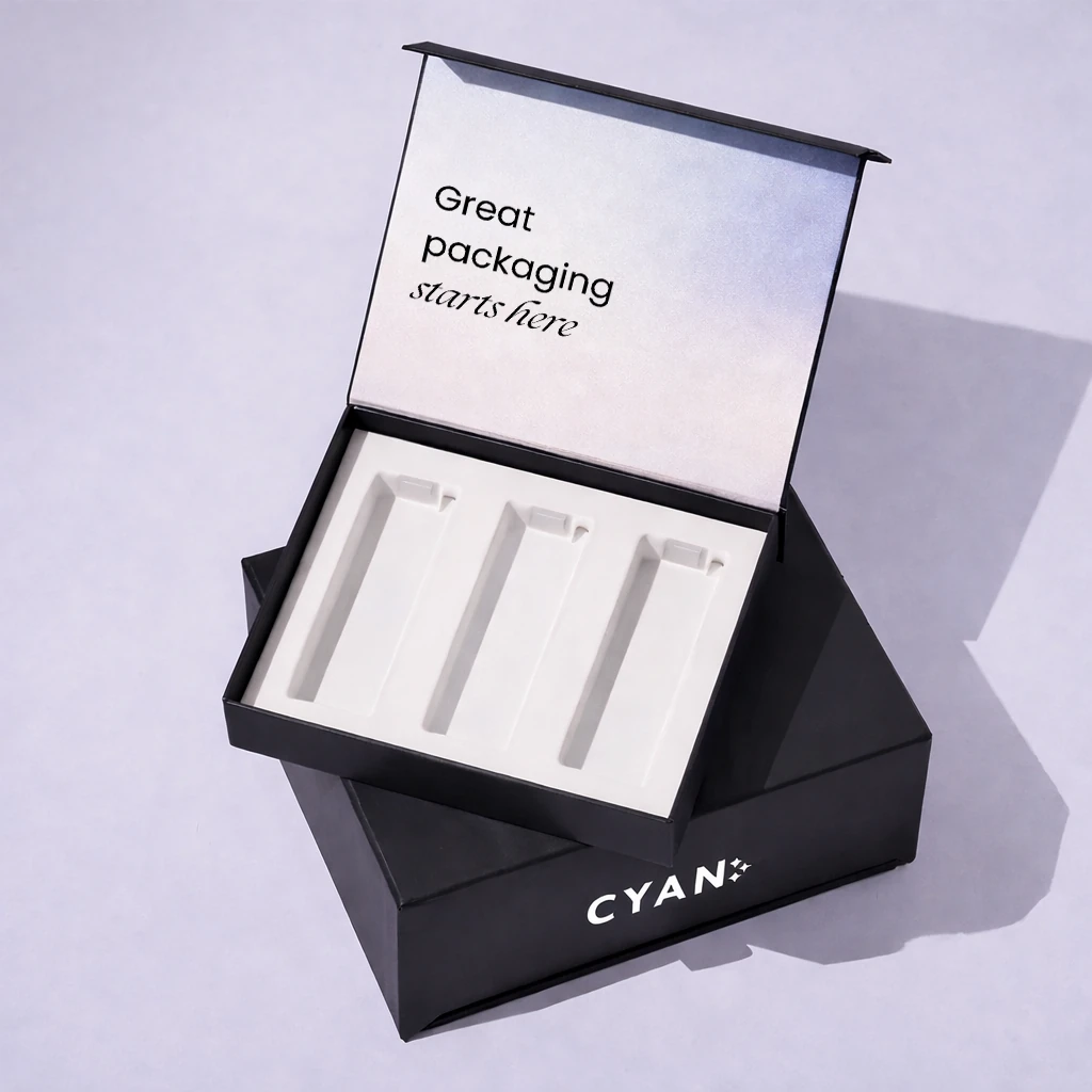 Open bespoke Cyan presentation packaging with a fitted insert.