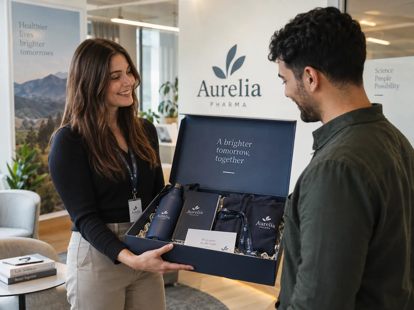 Two colleagues at fictional Aurelia Pharma presenting a branded employee welcome pack