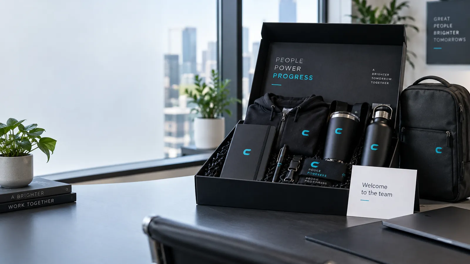 Premium branded employee welcome pack box with notebook, bottle and clothing inside