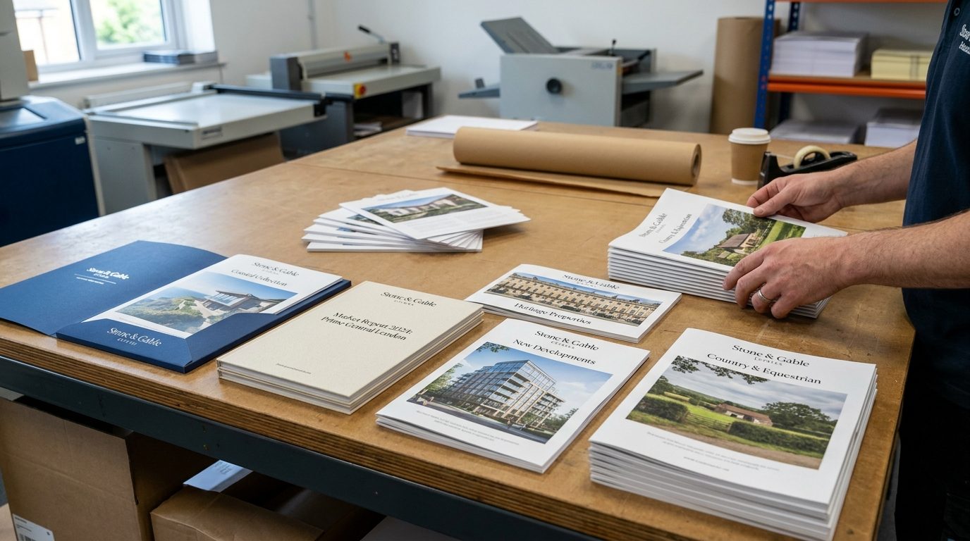 Multiple versions of printed property brochures being checked during production.