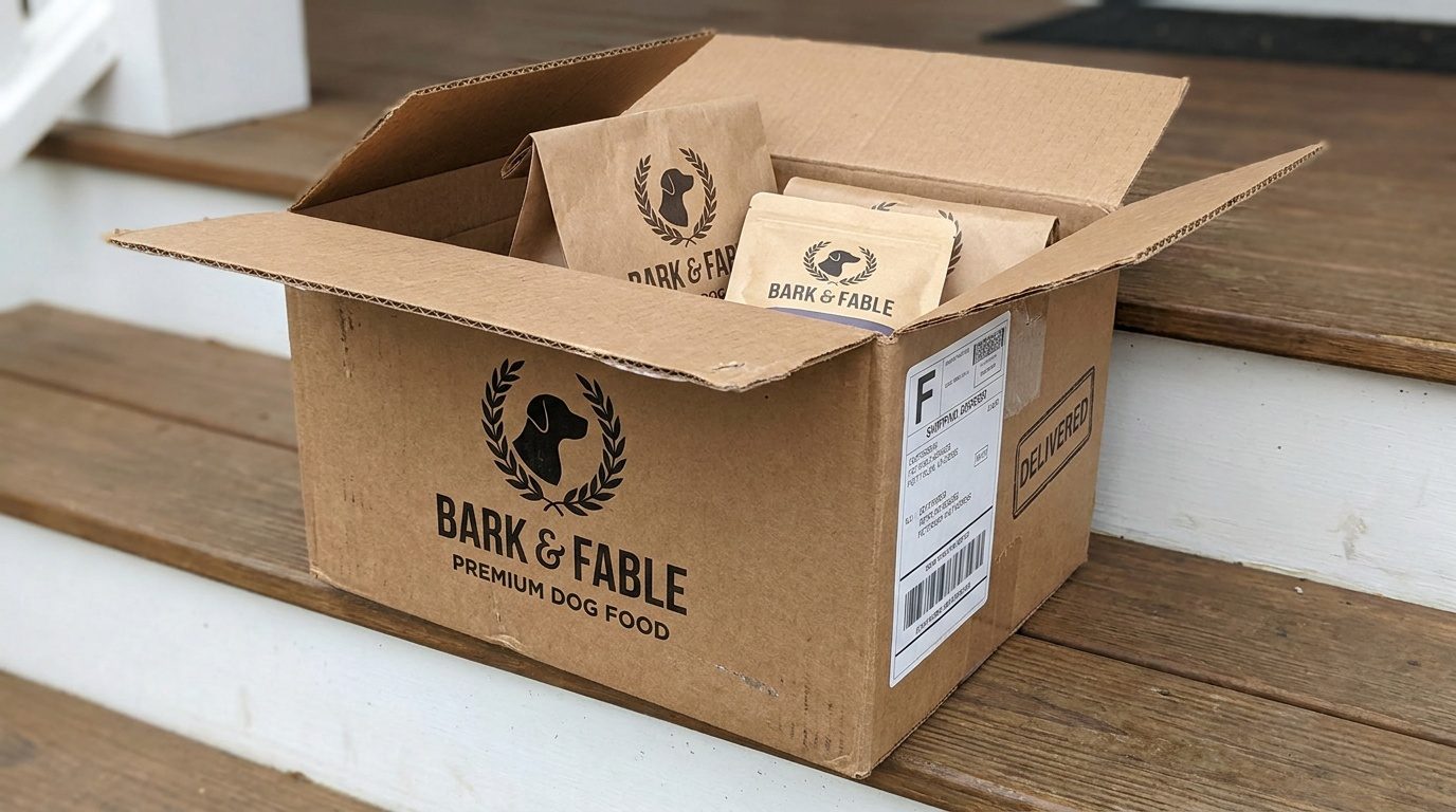 Branded Bark & Fable mail-order packaging: a printed outer carton opened to reveal subscription pouches, ready for dispatch.