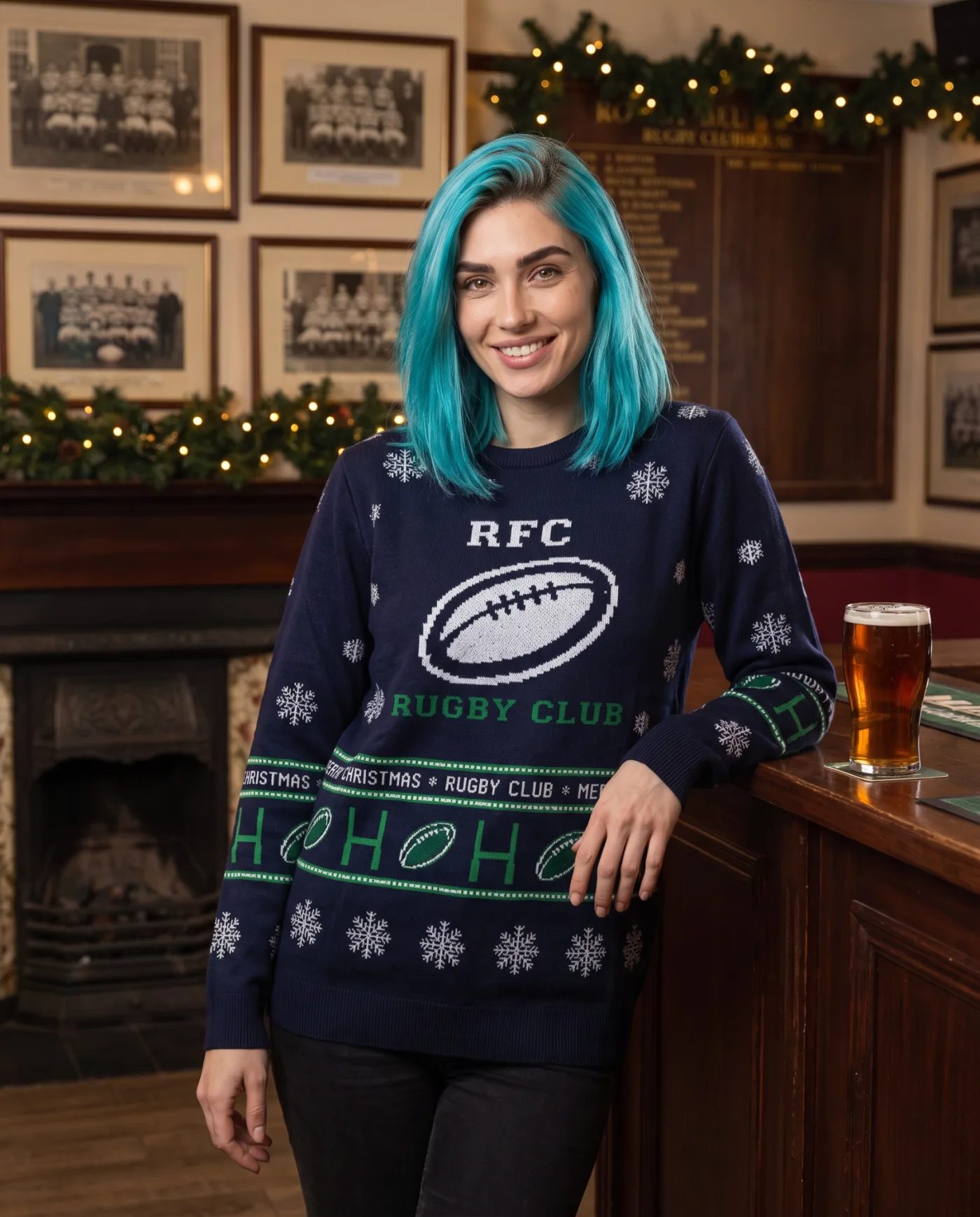 Custom rugby club Christmas jumper inside a clubhouse.