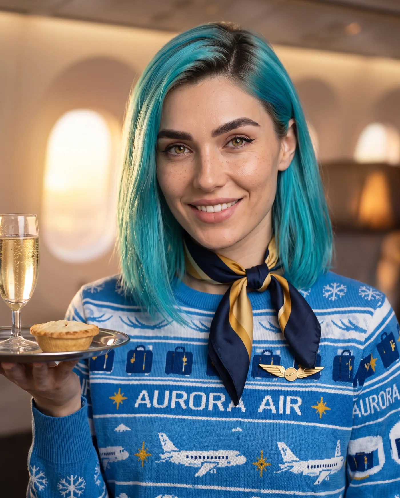 Close-up of airline Christmas jumper knit, logos and colour detail.