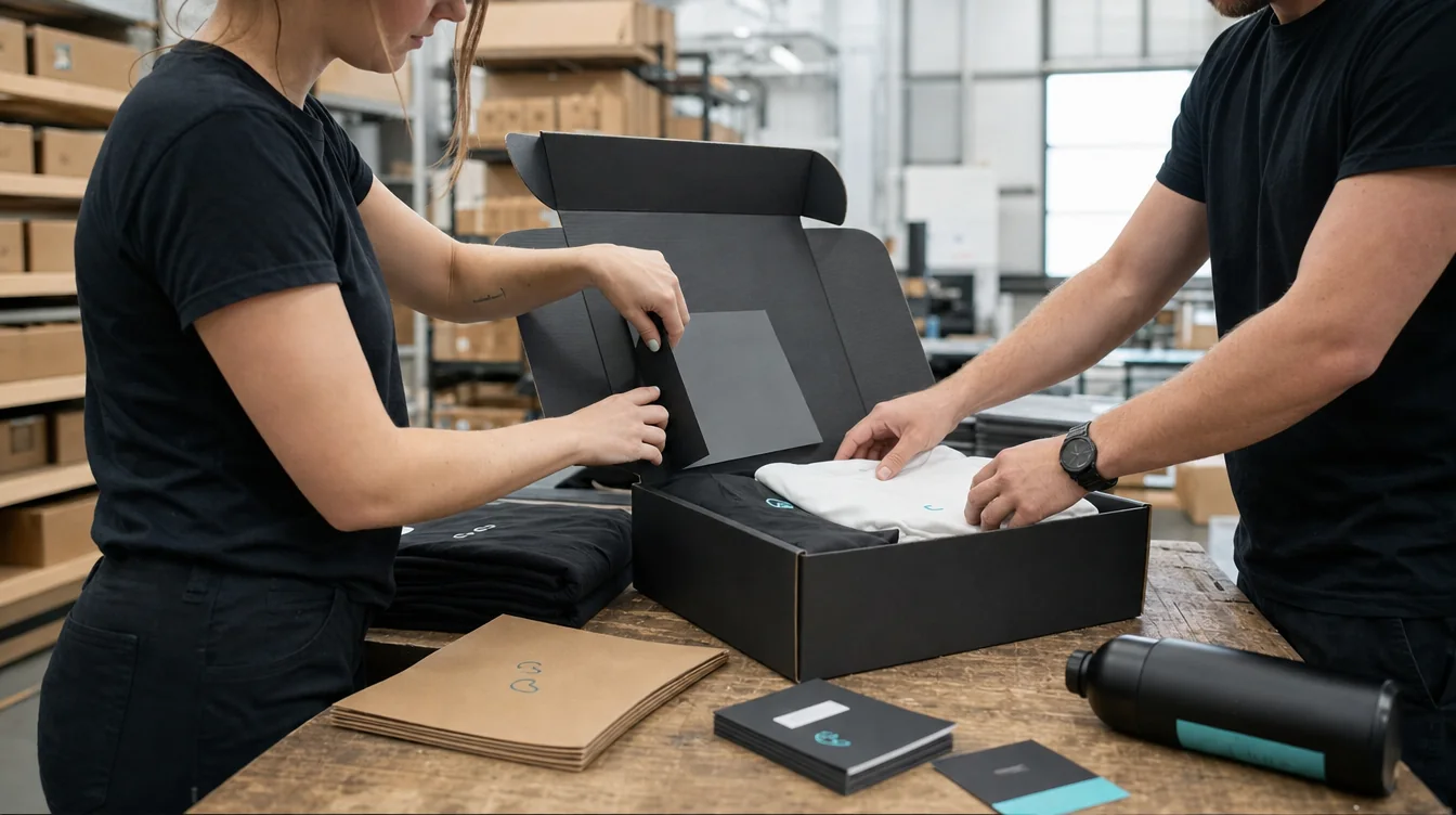 Marketing campaign packs being assembled with merchandise, print and packaging in a fulfilment workspace.