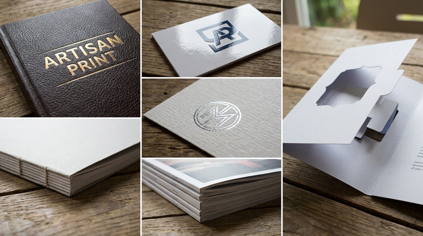 Close-up examples of premium print finishes including foil, texture, binding and die-cut detail.