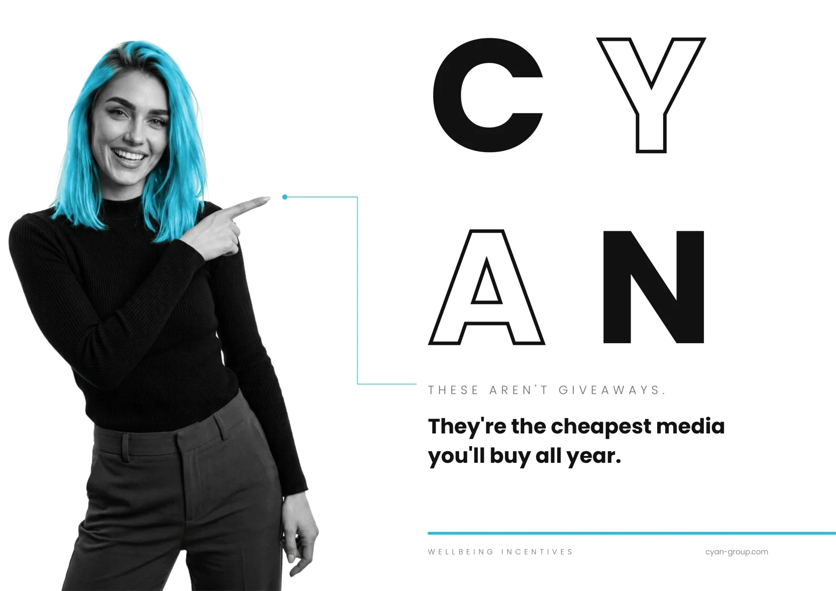 Front cover of Cyan Wellbeing Incentives, featuring a woman with cyan hair pointing towards the Cyan title