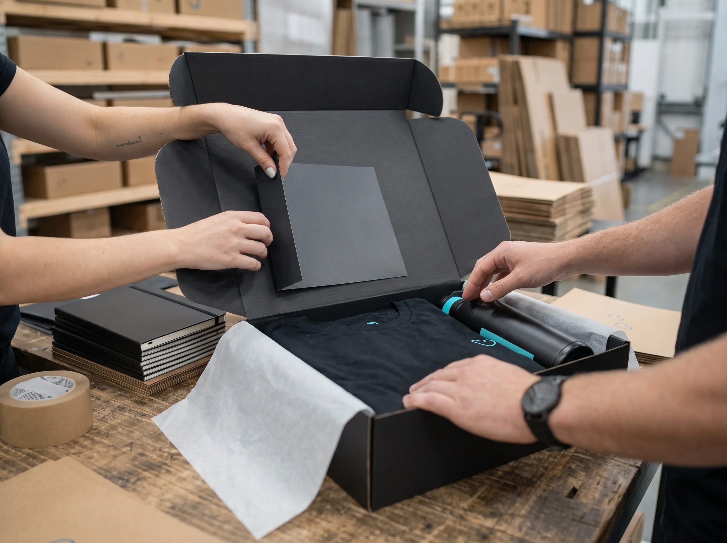 Campaign merchandise, print and apparel being assembled into a presentation pack.