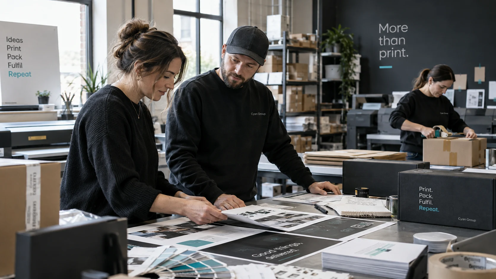 Cyan team reviewing print proofs, packaging samples and campaign materials on a production bench.