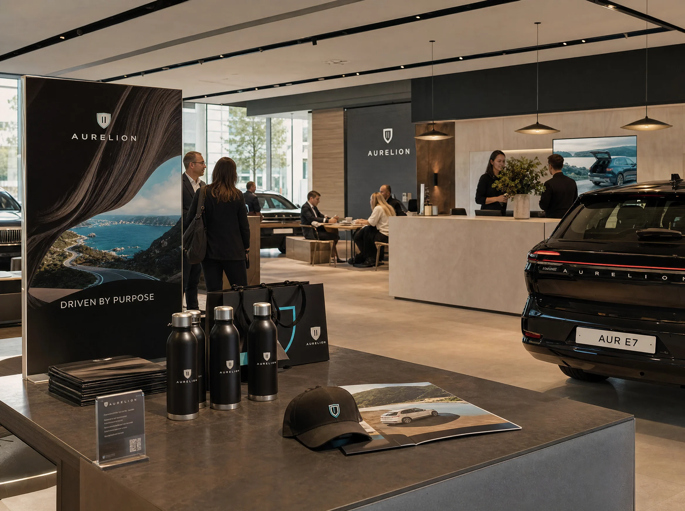 A customer-facing automotive showroom campaign with branded merchandise, print and display materials.