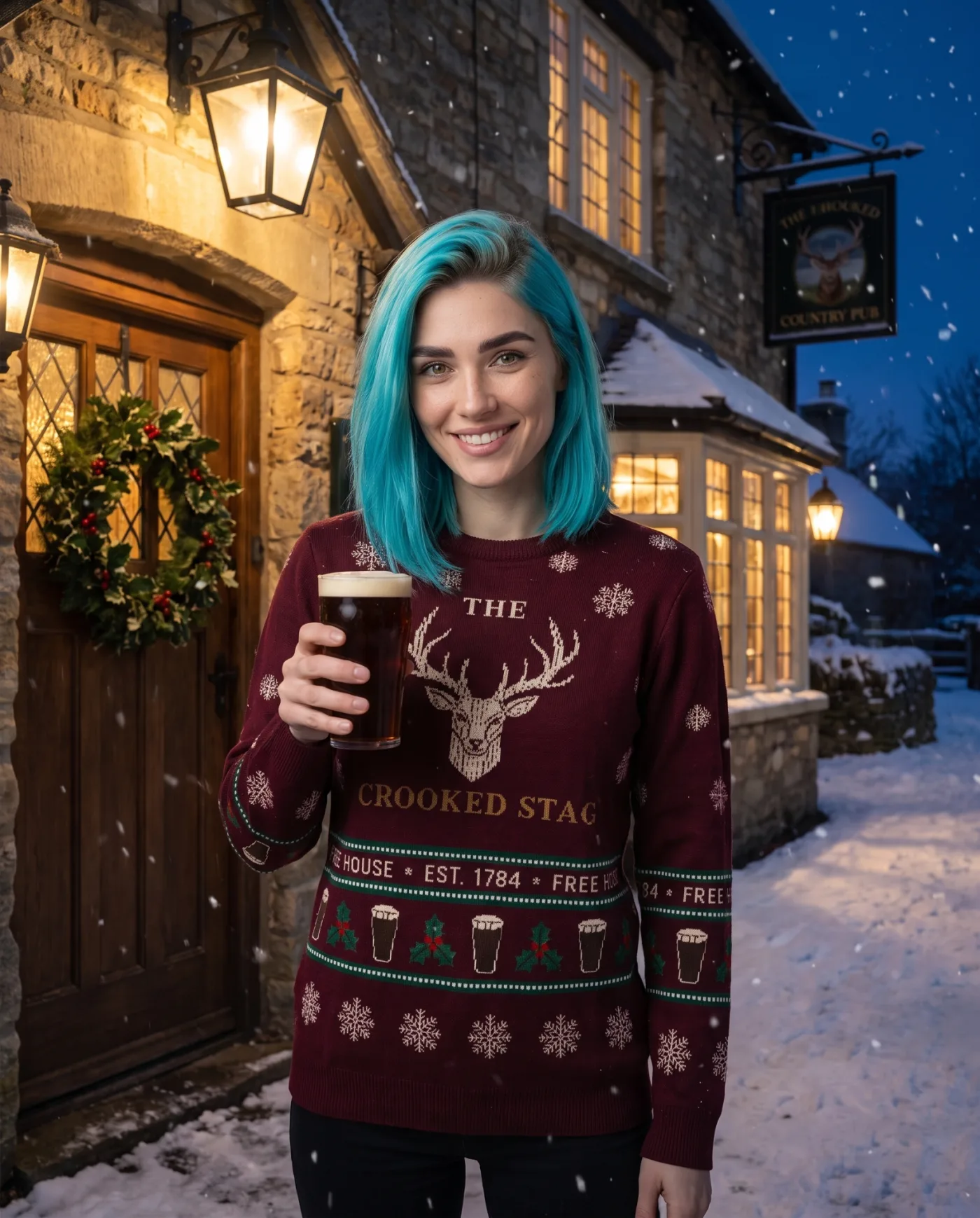 Hospitality team member wearing a custom pub Christmas jumper outside the venue.