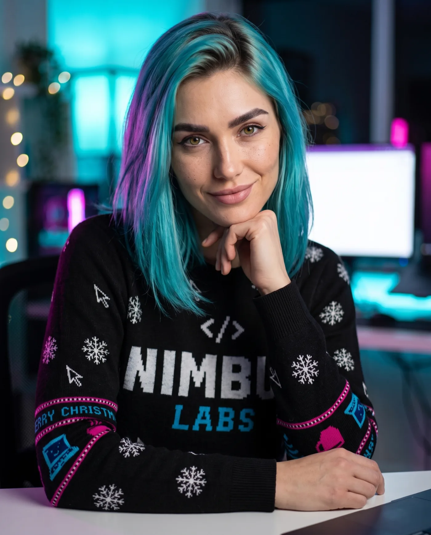 Close view of a custom knitted technology company Christmas jumper.