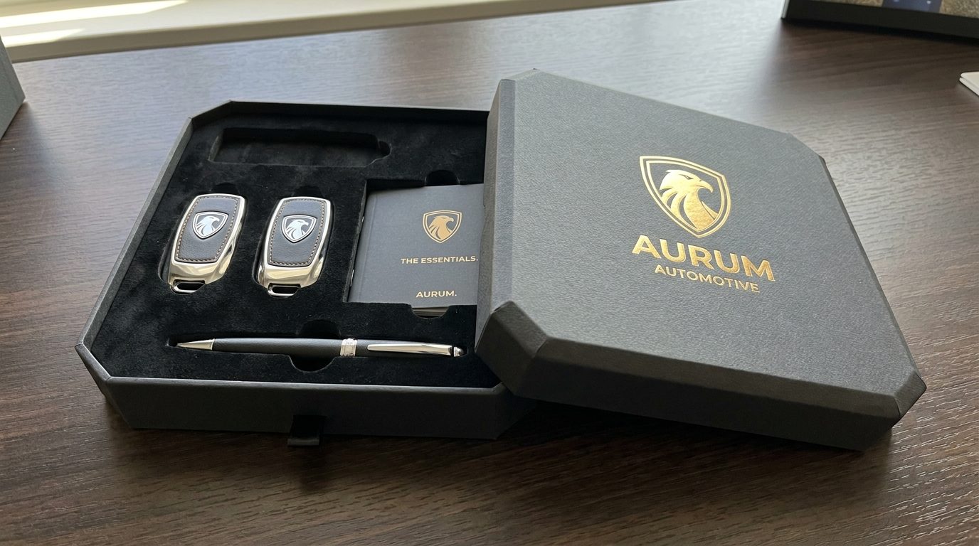 Aurum Automotive premium presentation pack: rigid branded box with foam insert holding key fobs and a pen, with gold-foil logo.