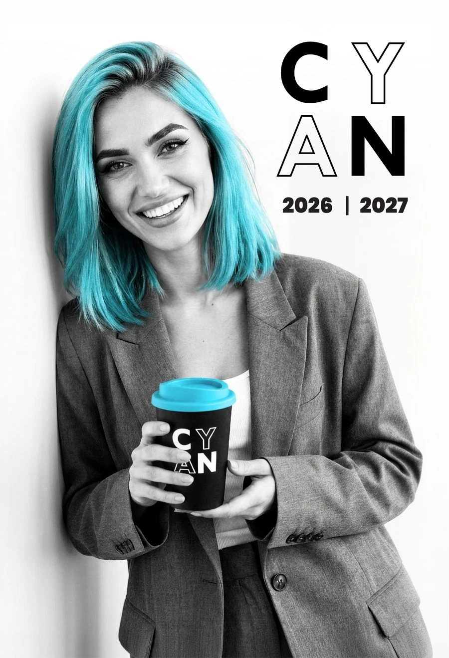 Front cover of the Cyan 2026 to 2027 catalogue, featuring a woman with cyan hair holding a branded cup