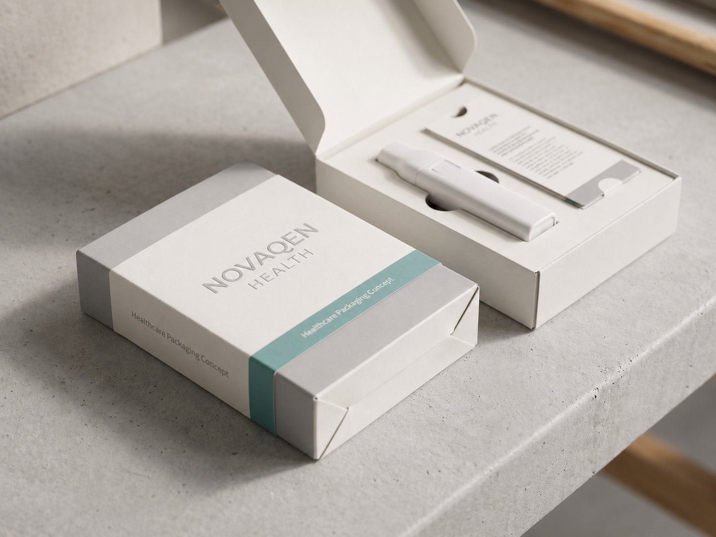 Bespoke white and teal presentation packaging for a healthcare brand, shown closed alongside an open box with a fitted insert holding a product and printed leaflet.