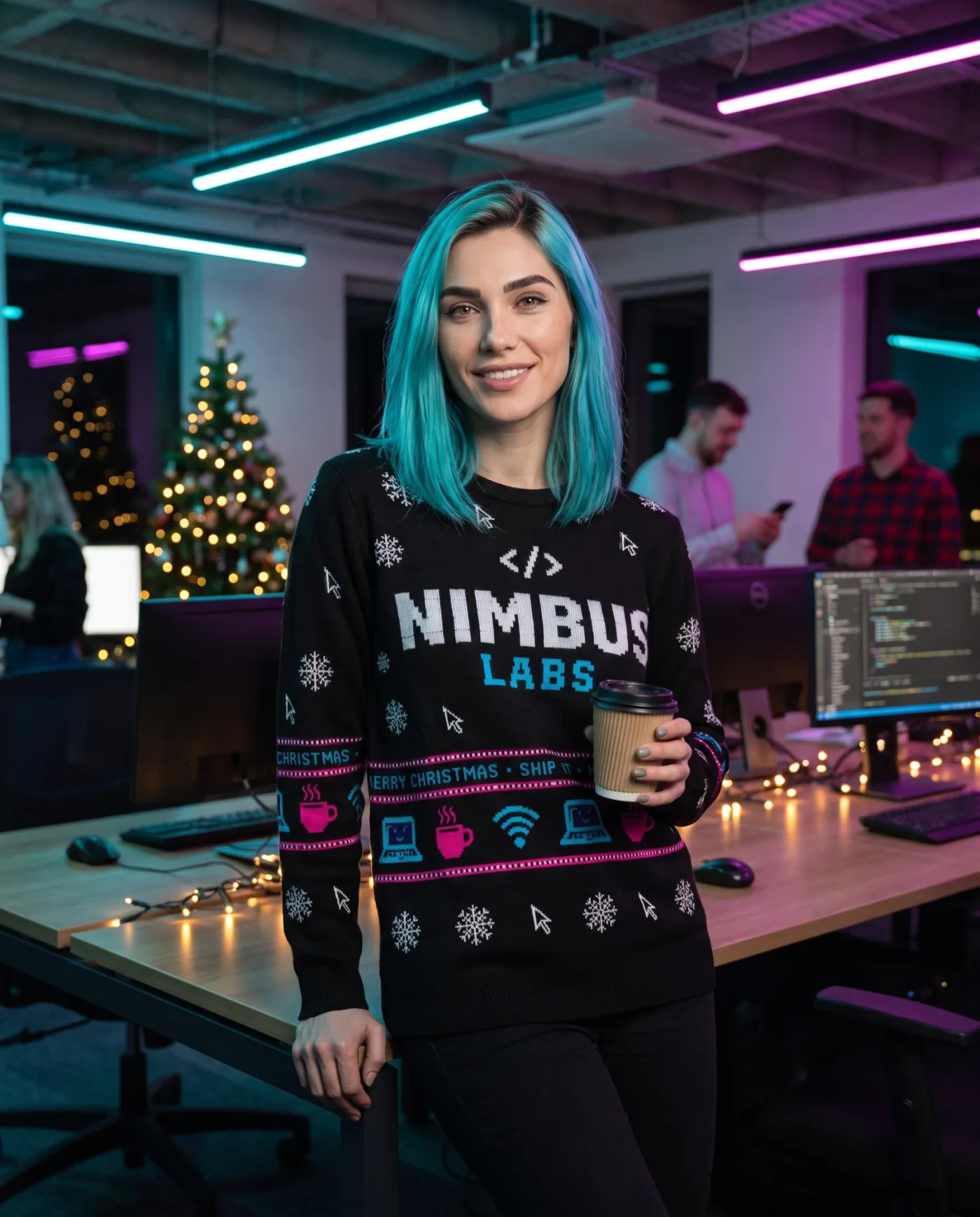 Technology team member wearing a branded company Christmas jumper.