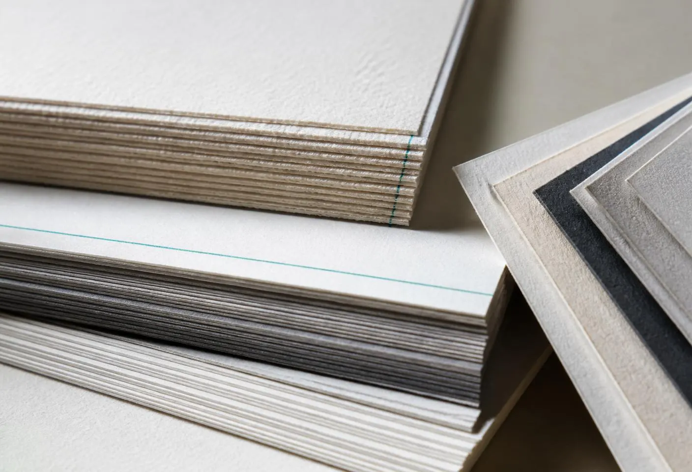 Stacked uncoated paper stock edges and printed sample sheets showing paper grain and fibre texture.